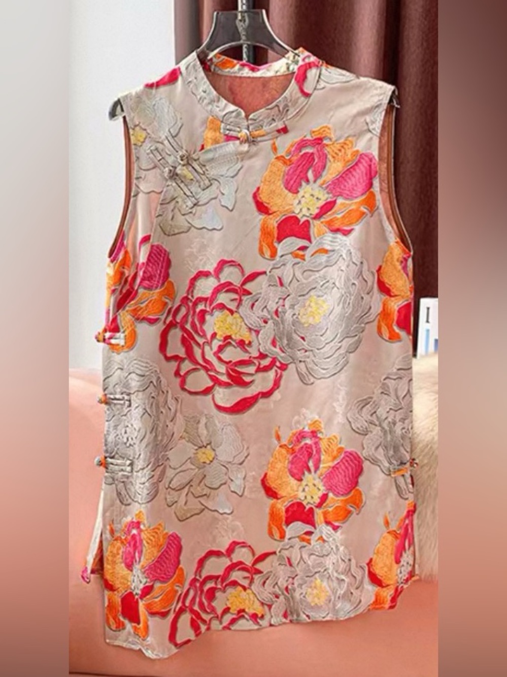 Sleeveless Floral Satin Blouse - Pink & Orange on Cream